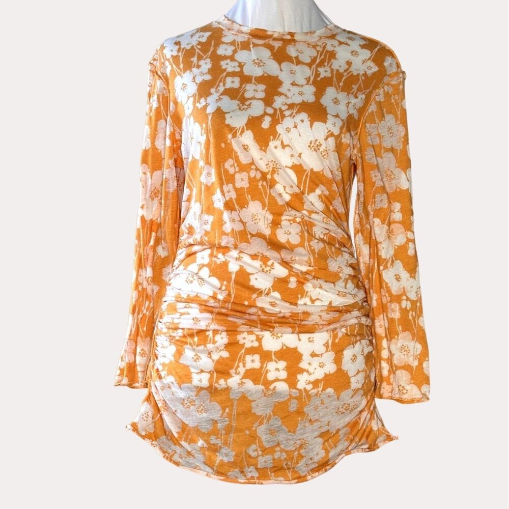 Pete Burnout Tissue Ruched Knit Top Blouse Floral Orange M bv